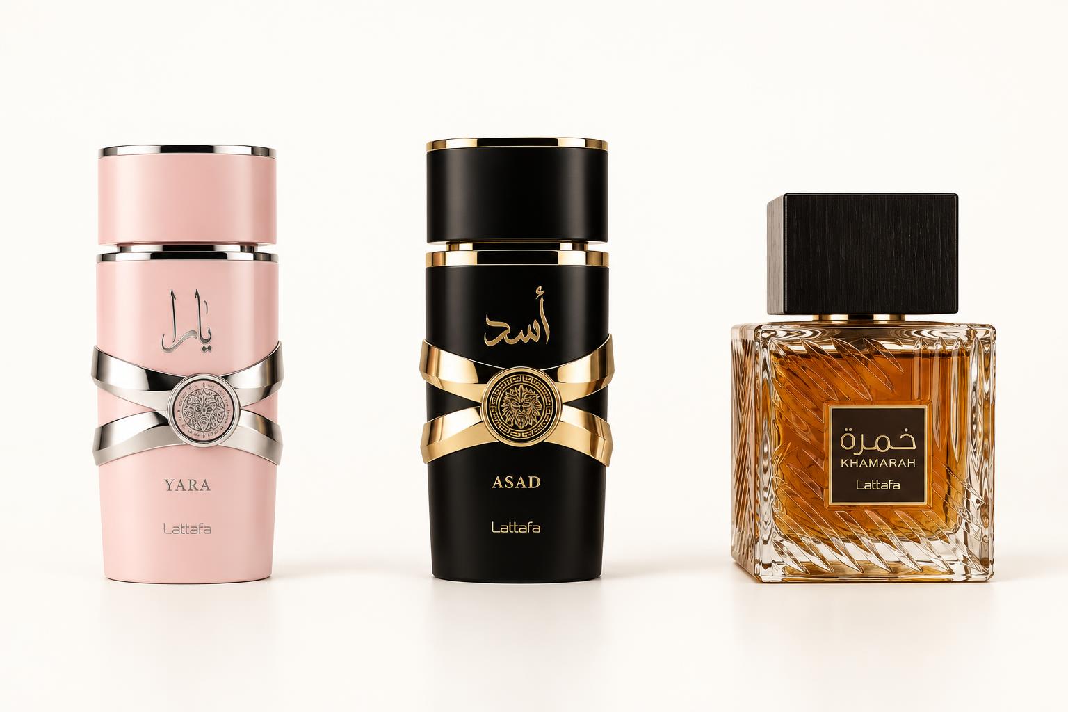 Illustrative perfume bottle collection on stone displays