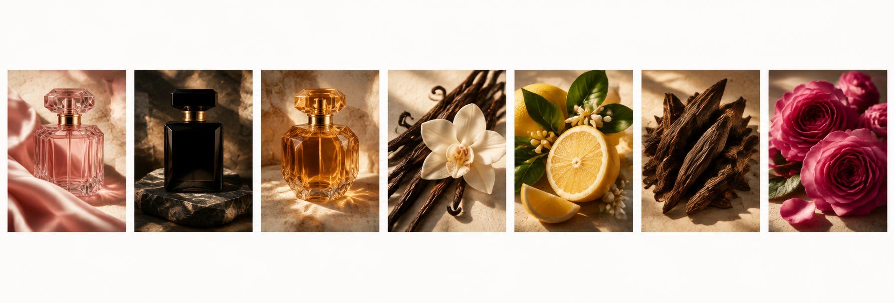 Illustrative fragrance materials arranged on warm stone